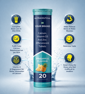 Tabletas Efervescentes de Calcio, Vitamina D3 y Zinc con Sabor a Piña, Suplemento para la Salud Ósea e Inmunidad, Paquete de 20 Tabletas - Product Image 3