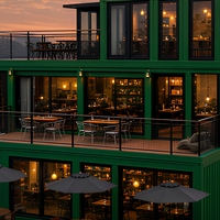 Restaurant modulaire en conteneurs sur mesure à 3 étages, bâtiment commercial, porte pliante en verre, conception OEM