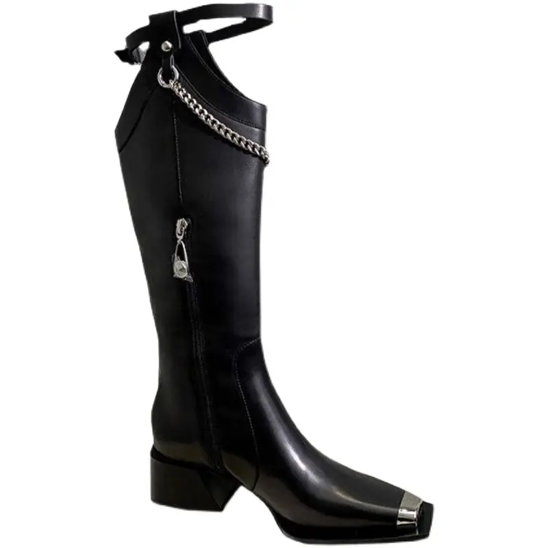 Retro Fancy Square Toe Knies tiefel Reiß verschluss Gummi Solid Med Block Heel Stiefel Damen Schuhe Leder Reitstiefel Schwarz