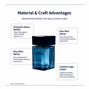 Profumo da uomo OEM Private Label, fragranza legnosa a lunga durata, profumo <span class=keywords><strong>EDT</strong></span> in vetro blu quadrato, profumo da uomo con logo personalizzato, profumo personalizzato all'ingrosso. - Product Image 6