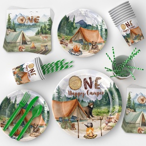 Juegos de Vajilla Reutilizables con Temática de Campamento, Platos, Vasos y Servilletas de Papel Ecológicos Desechables para Reuniones Familiares y Uso en la Cocina - Product Image 4
