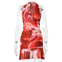 Robe Courte Femme Sexy à Col Halter et Décolleté Plongeant en V, Froncée, en Maille, à Volants, Imprimée, pour Plage et Soirée 2026