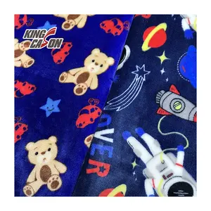 Kingcason China Factory Polyester Cartoon Outer Space Litter Cute Bear Printing Two Sides Flannel Fleece Fabric For Kids Blanket