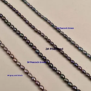 חרוזי פנינה בצורת אורז שחור בגודל 3-4 מ\\\"מ בצבע ירוק טווס, חרוזי אורז שחור, פניני מים מתוקים טבעיות, ז'וג'י לתכשיטים, חרוזים בתפזורת - Product Image 2