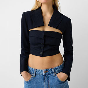 À la mode Sexy femmes tenue de bureau manteaux courts à manches longues découpé femmes à rayures Blazer fente Fit revers dames Blazers - Product Image 1