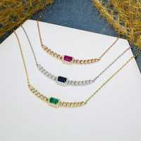 Collar de Oro de 18k con Halo de Diamantes y Zafiro o Rubí de Corte Esmeralda, Regalo de Boda o Compromiso, Engaste de Bisel