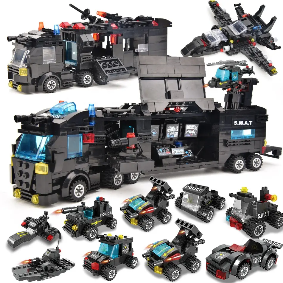 785 PCS 8 in 1 SWAT Mobile Command Center Truck Car Building Set Police Transform Blocks Car Fighter for Kids Boys