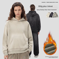 Sweat à capuche effet peinture éclaboussée et délavée par pulvérisation, 350g, doublure polaire, épaules tombantes, coupe ample, style urbain