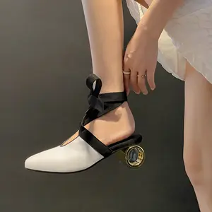2024 última gran oferta con cordones punta cuadrada <span class=keywords><strong>Sergio</strong></span> Rossi cilindro tacones gruesos sandalias de mujer Zapatillas de señora - Product Image 4