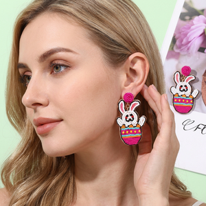 IQRA CREATION Meilleur Prix Joyeuses Pâques Boucles d'oreilles en perles en forme d'œuf Violet et Rose Bijoux de mode tendance pour femme Artisanat - Product Image 1