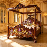 Lit en bois massif sculpté de style classique américain, lit à baldaquin rétro pour chambre de villa, lit en bois sculpté peint à la main de taille King Size