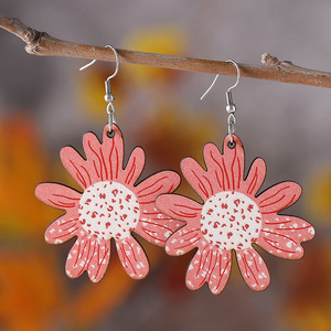 ต่างหูไม้สีชมพูดอกทานตะวันต่างหูจี้สองด้านสำหรับผู้หญิง1167 - Product Image 1