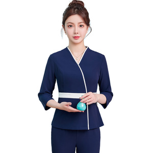 Pink Mandarin Collar Uniform Women Peplum Waistline Comfortable Polyester Woven Career Dress For Beauty Salon Foot Massage - Product Image 5