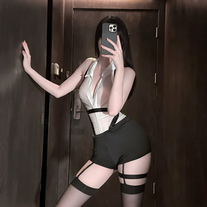 Lencería <span class=keywords><strong>Sexy</strong></span> Transparente con Cuello Camisero, Cuello Halter, Abertura en la Entrepierna con Cremallera, Tentación de <span class=keywords><strong>Azafata</strong></span> y Uniforme Sensual - Product Image 3