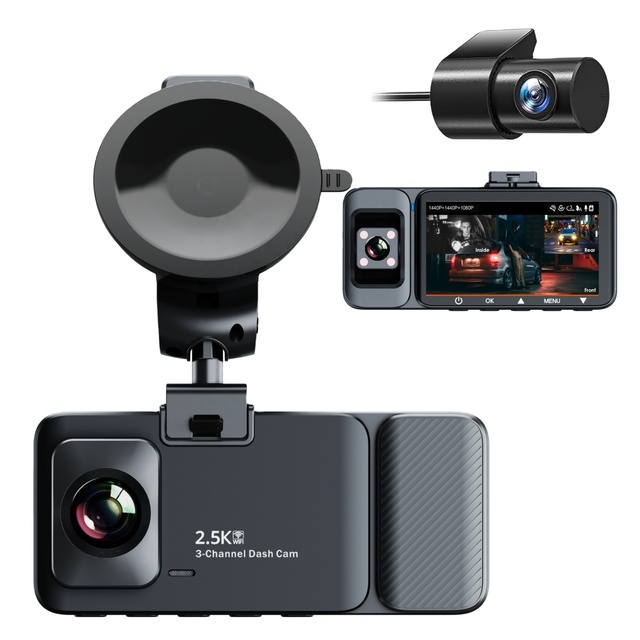 High Quality IPS 2.5K HD Triple Recording Car DVR Dash Cam New Arrival 3 Channel Camera Lenses Black Box Video Recorder Optional