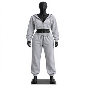 Custom Women Tracksuit <b>Cropped</b> <b>Hoodie</b> <b>Zip</b> <b>Up</b> Sweatshirt and Elastic Waist Pants with Side Pockets Casual Loungewear - Product Image 1