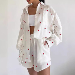 2025 mùa hè mới đến thời trang xù tình yêu cotton và vải lanh nhà quần áo hai mảnh - Product Image 4