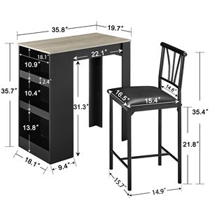 Petite table haute moderne avec panneau supérieur, chaises et tabourets de cuisine/salle à manger pour 2 personnes, avec étagères de rangement, gain de place, gris - Product Image 6