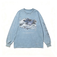 T-shirt vintage à manches longues délavé, imprimé DTG Kornit, motif vague océanique galaxie, style streetwear vieilli