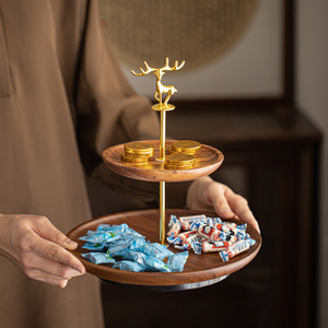 Walnut wood double-layer <b>tray</b>, fruit plate, <b>tea</b> <b>tray</b>, pastry and cake <b>tray</b>, <b>tea</b> break table, dry pot multi-layer storage rack - Product Image 1