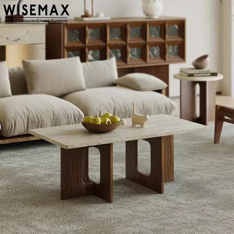 WISEMAX FURNITURE Table basse minimaliste en marbre travertin blanc table à thé centrale en bois rectangulaire pour salon hôtel