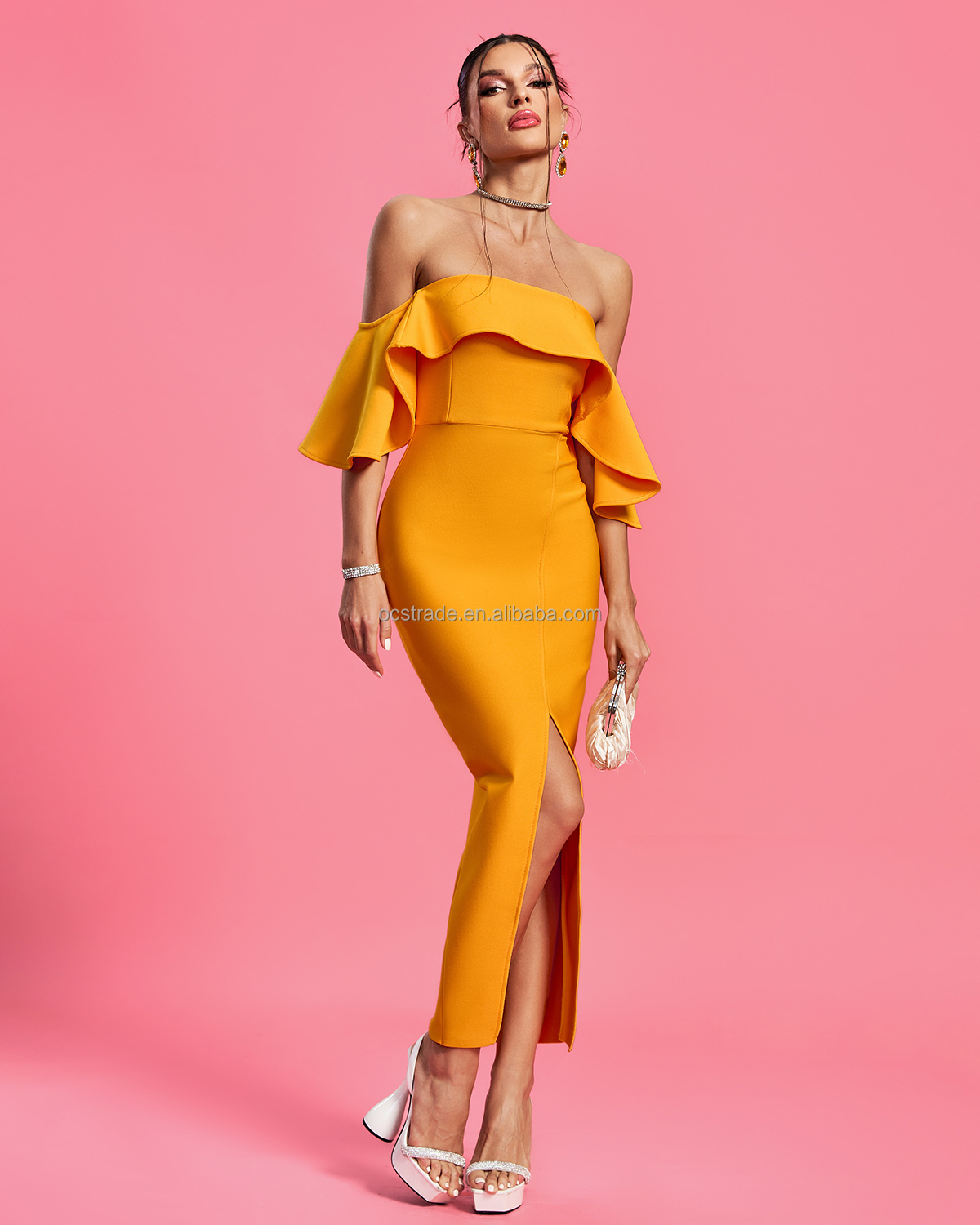 orange off the shoulder bandage dress Ocstrade Vestidos De Noite Orange Bandage Dresses for Women Elegant Off the  Shoulder Ruffle Ball Gown Evening Dress With Split| Alibaba.com