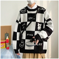Pull en maille à col rond pour homme, motif ours souriant à carreaux, coupe ample, style streetwear, pour l'automne et l'hiver
