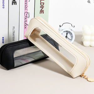 Trousse à crayons de grande capacité de style coréen pour étudiants, boîte à crayons portable en cuir PU avec fermeture éclair, étui transparent imperméable pour stylet. - Product Image 3