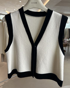 Stylish Women's Sleeveless Knitted Wool/Nylon Japan Style Cardigan Black and <b>White</b> Striped <b>V</b>-<b>Neck</b> with Front Logo - Product Image 3
