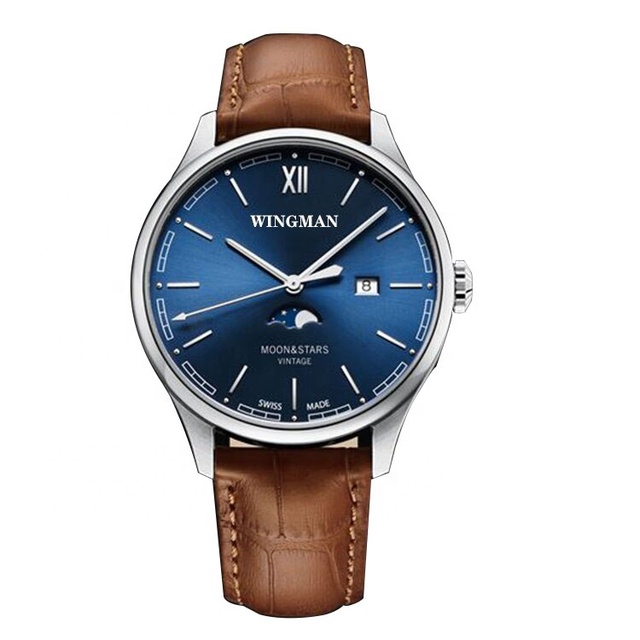 Custom Stainless Steel Men 's Wristwatches Sun and Moon Version Automatic Rose Gold Brown Leather Watch