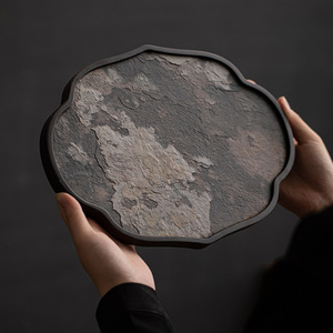 Plateau à thé Wabi Sabi rond en pierre, support pour théière domestique, fait main, durable - Product Image 1