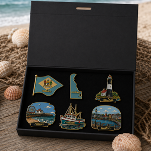 Lot de badges émaillés personnalisés du Delaware en gros, avec boîte cadeau, thème Plage, Quai, Bateau, Souvenir touristique, Culture côtière coloniale, Ensemble cadeau - Product Image 1