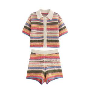 New Summer Casual <b>Striped</b> Pattern V-neck Single-breasted Woven Top and <b>Shorts</b> Set - Product Image 4
