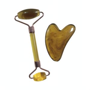 skin care face up <b>beauty</b> <b>tools</b> amber color glass massager roller and resin gua sha set - Product Image 6