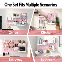 Ensemble d'organisateurs de rangement pour salle de bain en plastique rose, panneau mural sans perçage pour l'organisation des articles de toilette.