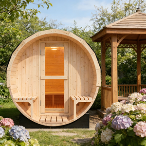 Sauna extérieur en forme de baril - Bois de pin blanc naturel, résistant aux intempéries, avec sièges intégrés - Product Image 3