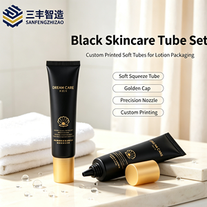 Tube souple noir mat en PE avec capuchon à vis plat or clair mat pour crème visage de luxe au ginseng rouge et perle noire - Product Image 4