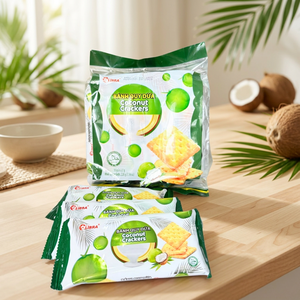Expédition immédiate : Crackers croustillants au coco sucré 200g - Sachet de collation carrée faible en glucides Fresh Wave - Croustilles dorées cuites pour jeunes consommateurs - Échantillon gratuit OEM - Product Image 1