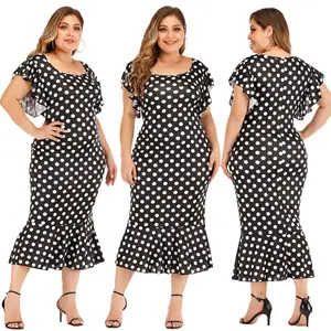 China Factory Plus Size Dot Print O Neck Bodycon bandage Maxi Dress