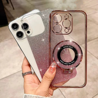 Coque de téléphone de luxe transparente antichoc avec paillettes, compatible chargeur magnétique sans fil et placage électrolytique pour iPhone 17 16 15 14 Plus 11 Pro X