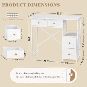 Tocador Blanco sin Espejo, <span class=keywords><strong>Pequeño</strong></span> Escritorio de Maquillaje con 4 Cajones de Tela, Mesa de Maquillaje de 33.5 Pulgadas con Almacenamiento - Product Image 3