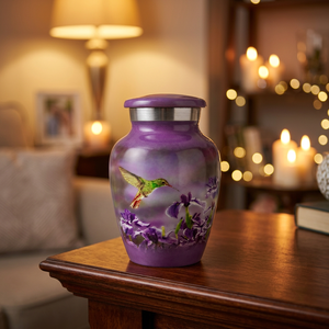Purple Aluminum Cremation Urn Decorative Cinerary Vase Floral Hummingbird Memorial <b>Keepsake</b> <b>for</b> Human <b>Ashes</b> - Indian Home Crafts - Product Image 3