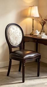 <b>Vintage</b> Round Back Dining Chair, Dark Wood <b>Frame</b> with Floral Fabric & Leather Seat - Product Image 5
