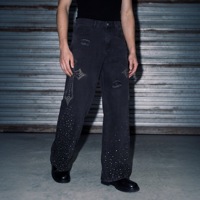 Jean baggy noir en denim pour homme, coupe large, avec croix en strass, style Hip Hop Y2K, esthétique sombre, ample, vintage, streetwear, vente en gros