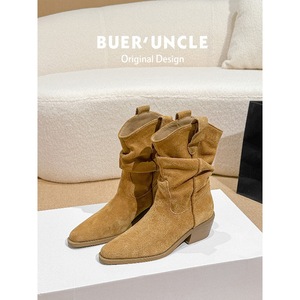 Botines de tacón bajo de ante color camel para mujer, estilo vaquero vintage, con caña holgada y punta puntiaguda, calzado informal. - Product Image 3