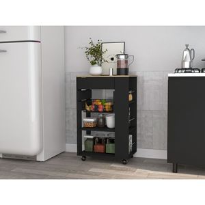 Chariot de cuisine noir en wengue à 5 étagères et 1 tiroir avec plateau en chêne clair, design moderne pour le rangement de la cuisine - Product Image 1