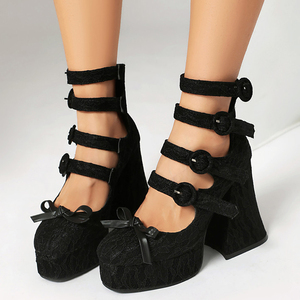 Front Bow Women's Round Toe Dress <b>Lace</b> Upper Shoes High Chunky Heels High Top Sandals Thick Platform Buckles <b>Pumps</b> - Product Image 2