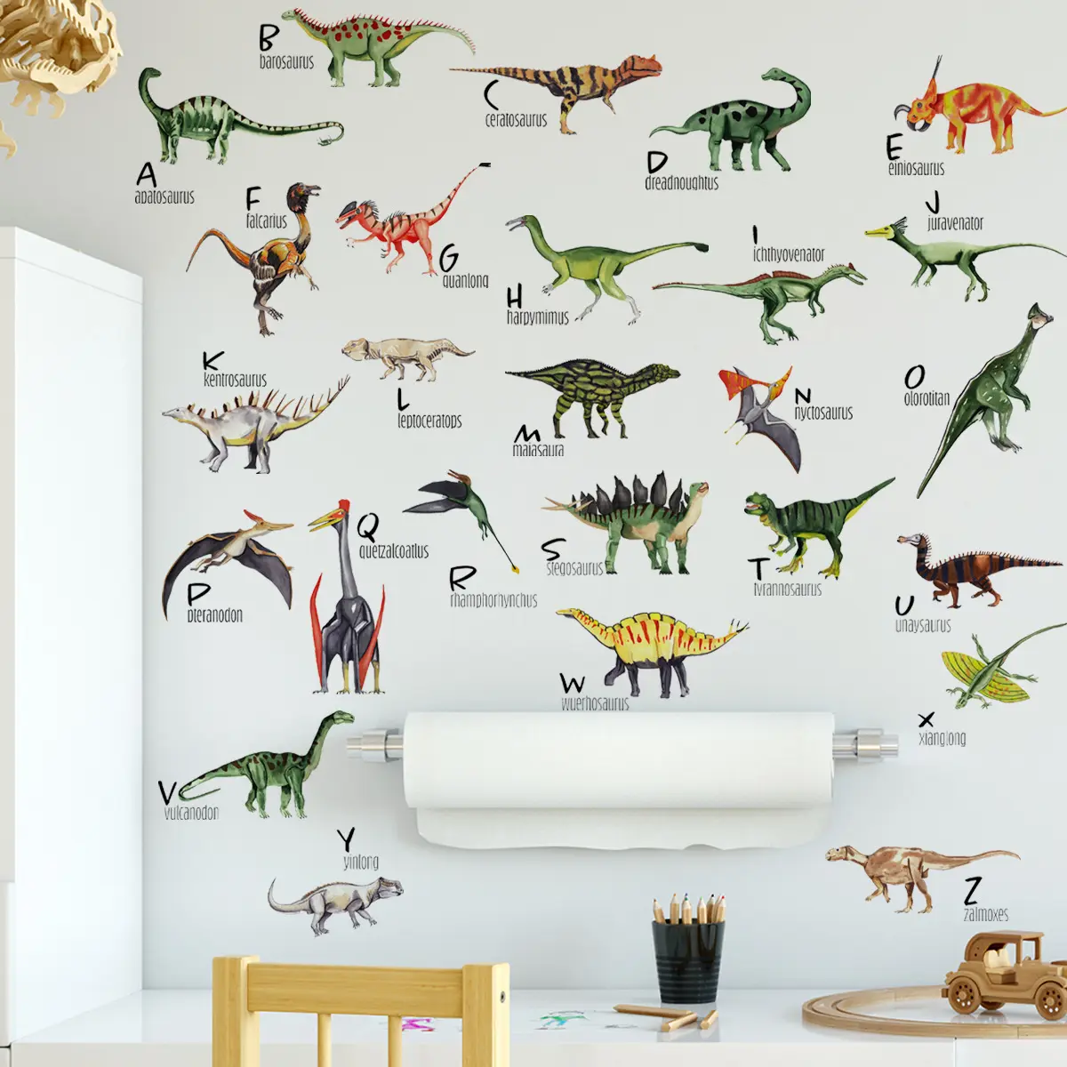 Venta al por mayor personalizado PVC extraíble niños dibujos animados alfabeto dinosaurio decorativo guardería pegatinas de pared para dormitorio