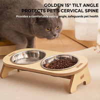 Station d'alimentation pour animaux de compagnie écologique en bois à énergie solaire avec bols en acier inoxydable |   Bols surélevés pour chiens et chats |   Repas des animaux de compagnie en intérieur