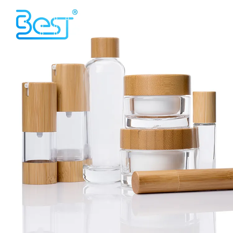 Hohe qualität china fabrik professionelle bambus kosmetische verpackung set bambus glas bambus flasche